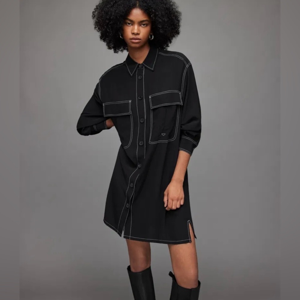 AllSaints Black Contrast-Stitch Mini Shirt Dress